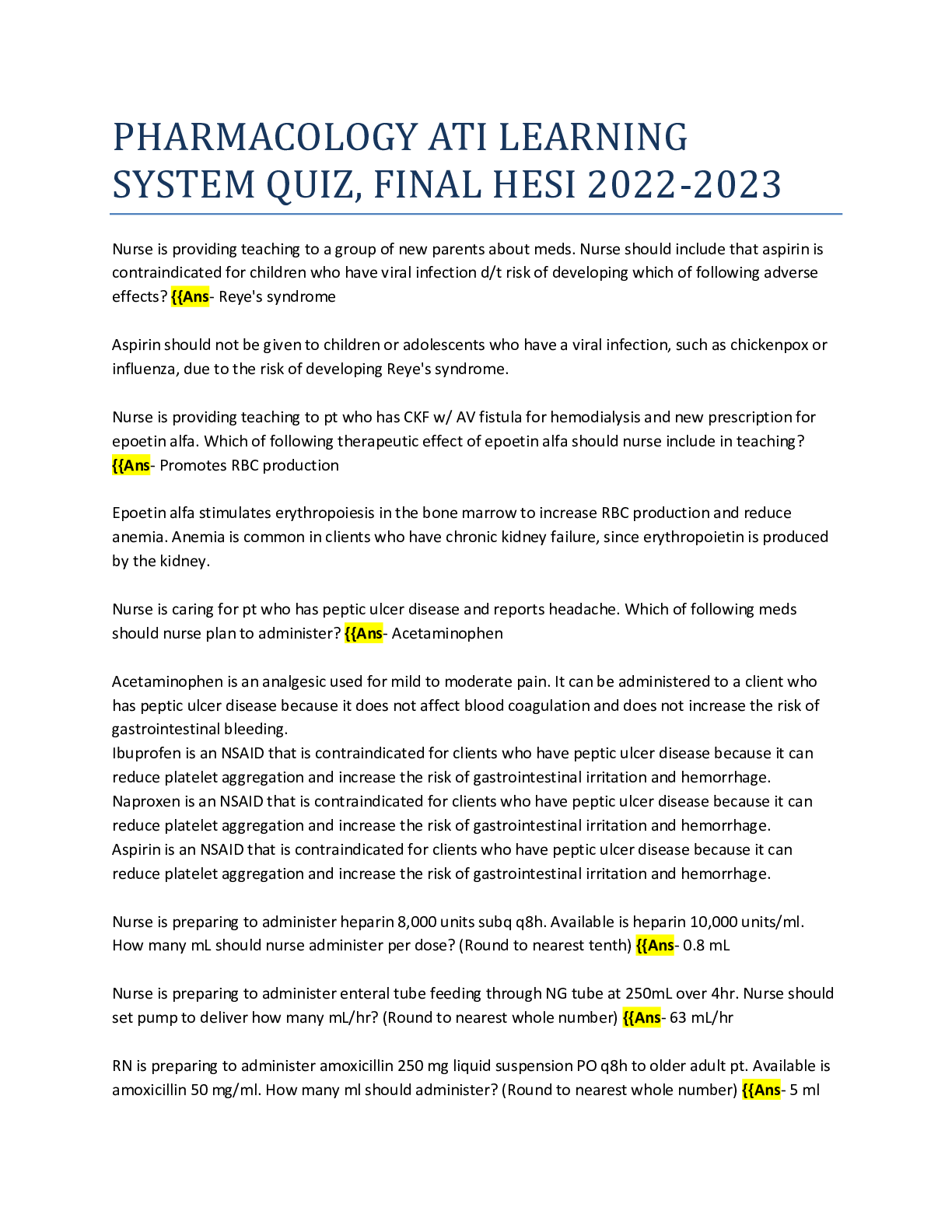 Preview of PHARMACOLOGY ATI LEARNING SYSTEM QUIZ, FINAL HESI 2022-2023 |Solved|